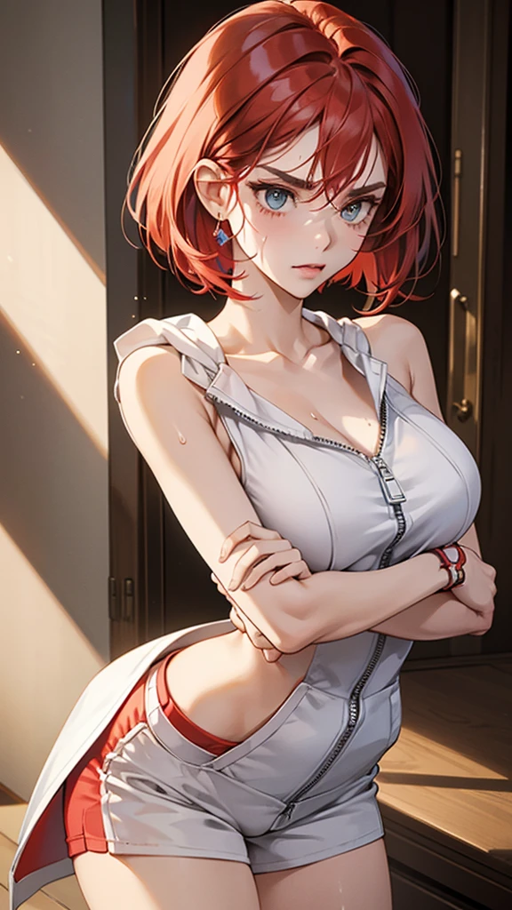 woman with short red hair, white eyes, glasses, tall body, big breasts, wearing a school, in the bedroom