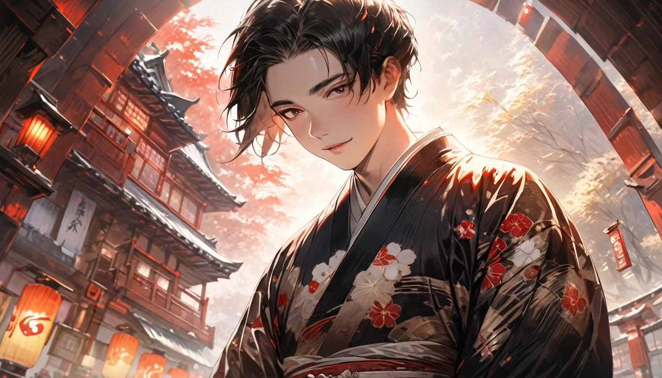 absurdres, ultra detailed, beautiful lighting, a boy (focus solo boy)1.1, black hair, masterpiece, (Japanese traditional kimono)1.2, Realism, Meiji art, atmosphere, Attractive composition, Impressionism, dutch angle shot,