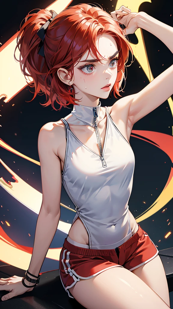 {{Dynamic configuration}},{{masterpiece}}, {{{Highest quality}}},{{Very detailed}},{{Reddening with anger}},{{V-shaped eyebrows}},{{shape}},{{expensive}},{{Adult woman sweating with fatigue}},{{Flared Shorts}},{{White sleeveless zip hoodie with an open neckline}} Red Hair Bob Small breasts expensive The body is slim Thin legs Turf ground clavicle Décolletage Wristband Forward bendingみ Forward bending