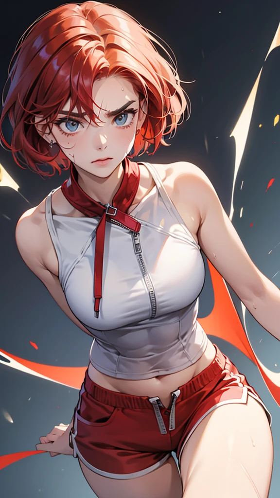 {{Dynamic configuration}},{{masterpiece}}, {{{Highest quality}}},{{Very detailed}},{{Reddening with anger}},{{V-shaped eyebrows}},{{shape}},{{expensive}},{{Adult woman sweating with fatigue}},{{Flared Shorts}},{{White sleeveless zip hoodie with an open neckline}} Red Hair Bob Small breasts expensive The body is slim Thin legs Turf ground clavicle Décolletage Wristband Forward bendingみ Forward bending