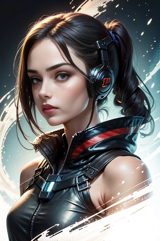 The portrait of an android with the appearance of a beautiful woman, with transparent and other metallic parts, the android&#39;s function is as a sexual partner, all with the style of illustrator Lee Evans. 