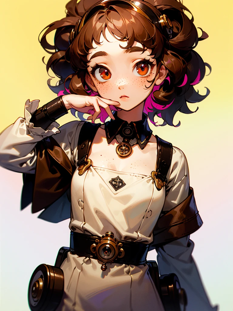 (masterpiece:1.4), (best quality:1.4), (high-resolution:1.2), (1 cute woman), short, flat chest, short curly brown hair, freckles on face, purple and brown multicolored eyes, steampunk goggles on head. Lolita scientist, (white and brown outfit:1.2), kawaii