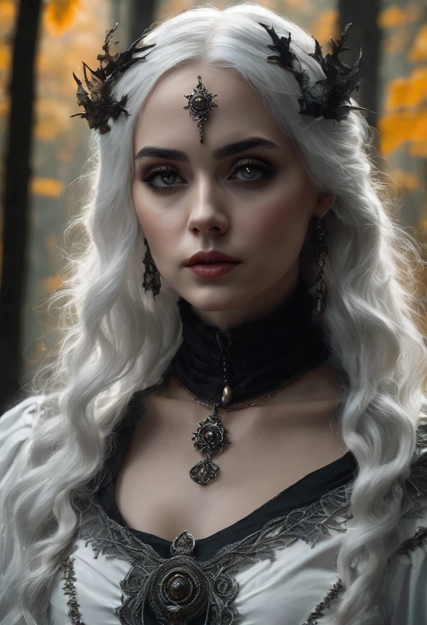 a beautiful woman, 30 years old, caucasian, grey eyes, white hair, witch, white clothing with bone details, sharp bones around, dark forest background, (best quality,4k,8k,highres,masterpiece:1.2),ultra-detailed,(realistic,photorealistic,photo-realistic:1.37),intricate details,chiaroscuro lighting,moody atmosphere,dramatic lighting,dark fantasy,gothic,occult