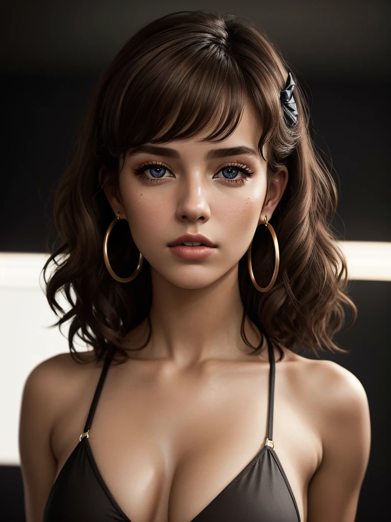 illustration, style of Philip Lorca diCorcia, cinematic film still portrait of young girl aged 18 yrs old, 1girl, solo, Instagram model, athletic figure, deep cleavage, modest bust size, cute face, clear skin, wearing a black bikini, light brown hair, short curly hair, crossed bangs, brown eyes, constricted pupils, hair ribbon, hoop earrings, cinematic lighting, Ultra-Wide Angle, Canon, Hyperrealism, UHD, masterpiece, textured skin, high details, best quality, detailed eyes, detailed iris, close up view
