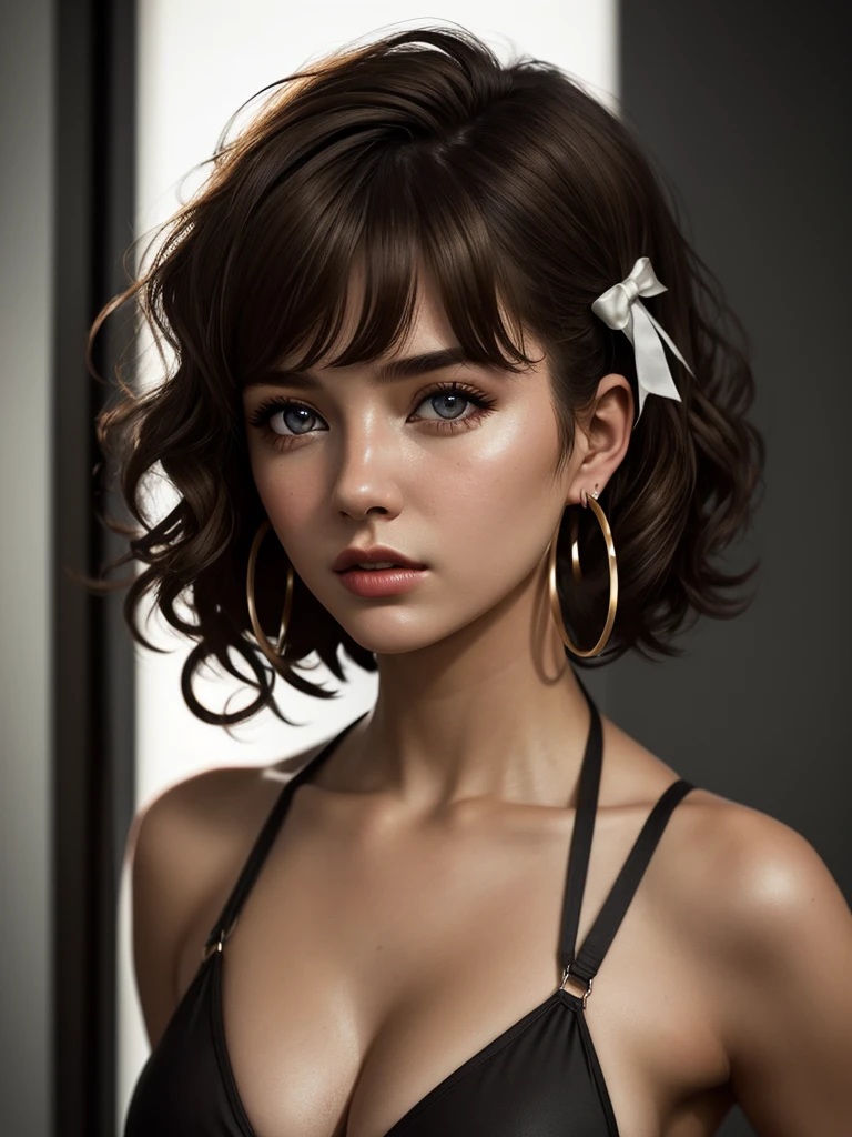 illustration, style of Philip Lorca diCorcia, cinematic film still portrait of young girl aged 18 yrs old, 1girl, solo, Instagram model, athletic figure, deep cleavage, modest bust size, cute face, clear skin, wearing a black bikini, light brown hair, short curly hair, crossed bangs, brown eyes, constricted pupils, hair ribbon, hoop earrings, cinematic lighting, Ultra-Wide Angle, Canon, Hyperrealism, UHD, masterpiece, textured skin, high details, best quality, detailed eyes, detailed iris, close up view