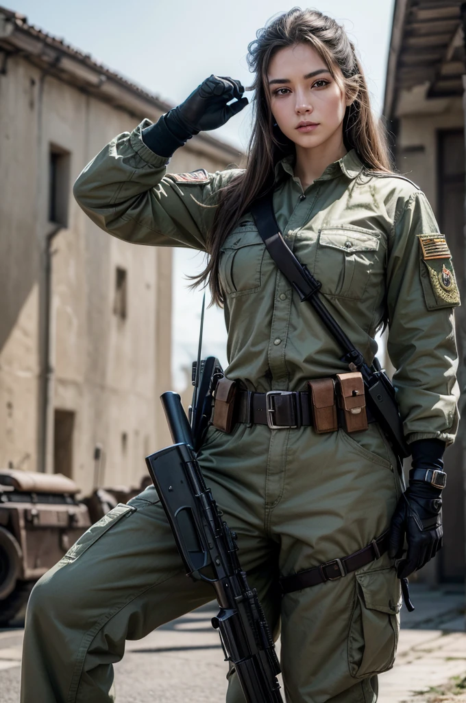 ((best qualityer)), ((work of art)), (detailded), mercenary style, holding rifle, military pose, top quality picture, super realistico, 8 k quality, ultra realisitic