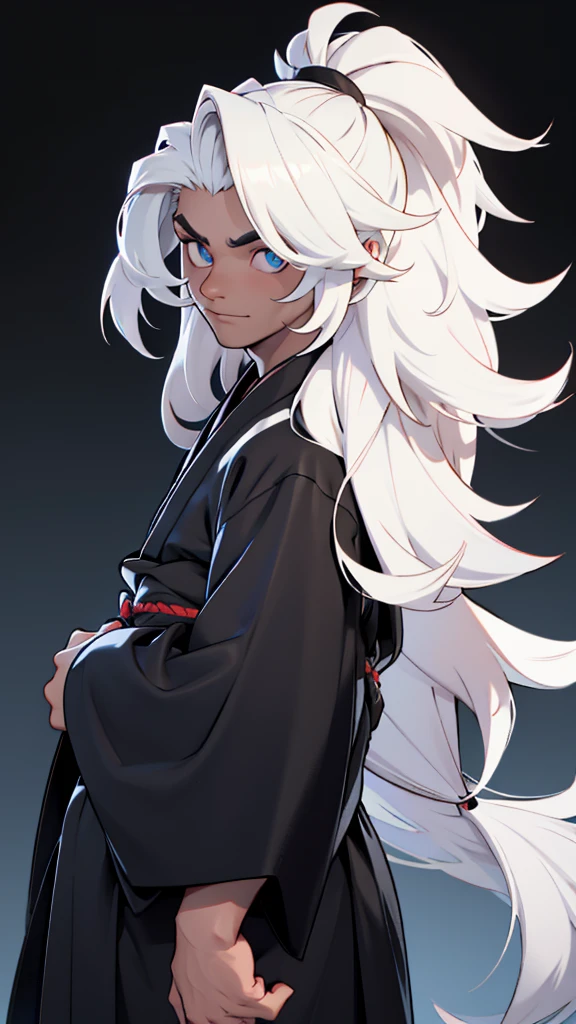 A boy with long white hair with black tips, your eyes are black, black rays, Caucasian skin, and wearing a male kimono,