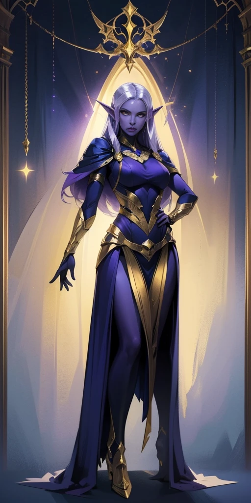 masterpiece, best quality, high quality, female drow elf with purple skin, long hair, pale hair, yellow eyes, purple skin, deep blue cape with golden ornaments (1solofemale full body standing straight symmetrical, hands on hips)