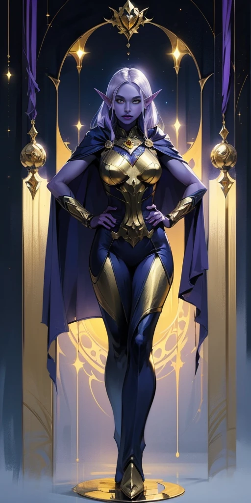 masterpiece, best quality, high quality, female drow elf with purple skin, long hair, pale hair, yellow eyes, purple skin, deep blue cape with golden ornaments (1solofemale full body standing straight symmetrical, hands on hips)