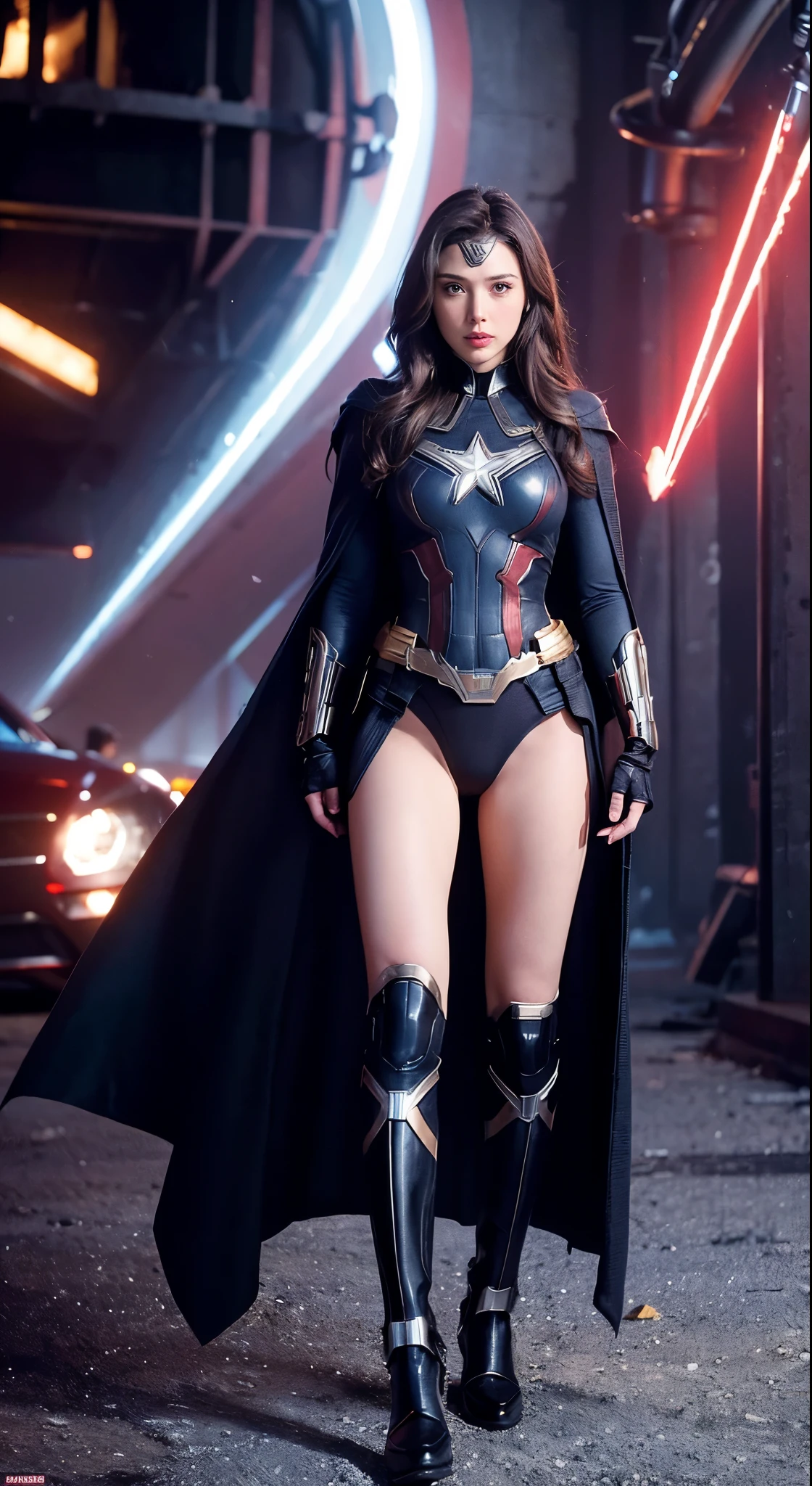with high definition images，Gal Gadot stills、Superwoman、Black Widow，Film Stills、Burning city setting、rorschach、the avengers(2023)　Full body high quality images，Facial details