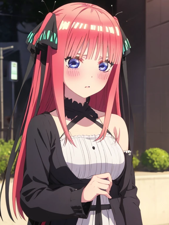 best quality, insanely detailed, nino nakano, blush, outdoor background, bare-shoulder garment