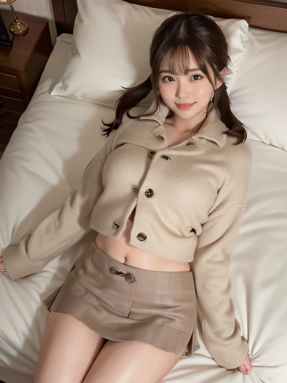 sleep(Photorealistic)、(Ultra-high realism)、(Ultra-high resolution)、(Ultra-high resolution)、 (、Small face、very young face, Natural Makeup)(Fair skin、Smooth Skin、Realistic texture)(Sparkling eyes)Beautiful breasts、Beautiful breasts cleavage、Narrow waist、BIG ASS、((Cute Smile))((Long ponytail))With bangs（((Light brown wool short coat、Super tight check mini skirt)))Brown Hair(Earringakes your thighs look bold、Seductive pose、bed、Put your head on the pillow、Sleep in bed:1))))(((Full body shot from above、I can see up to my ankles)))((I can see your belly button))
