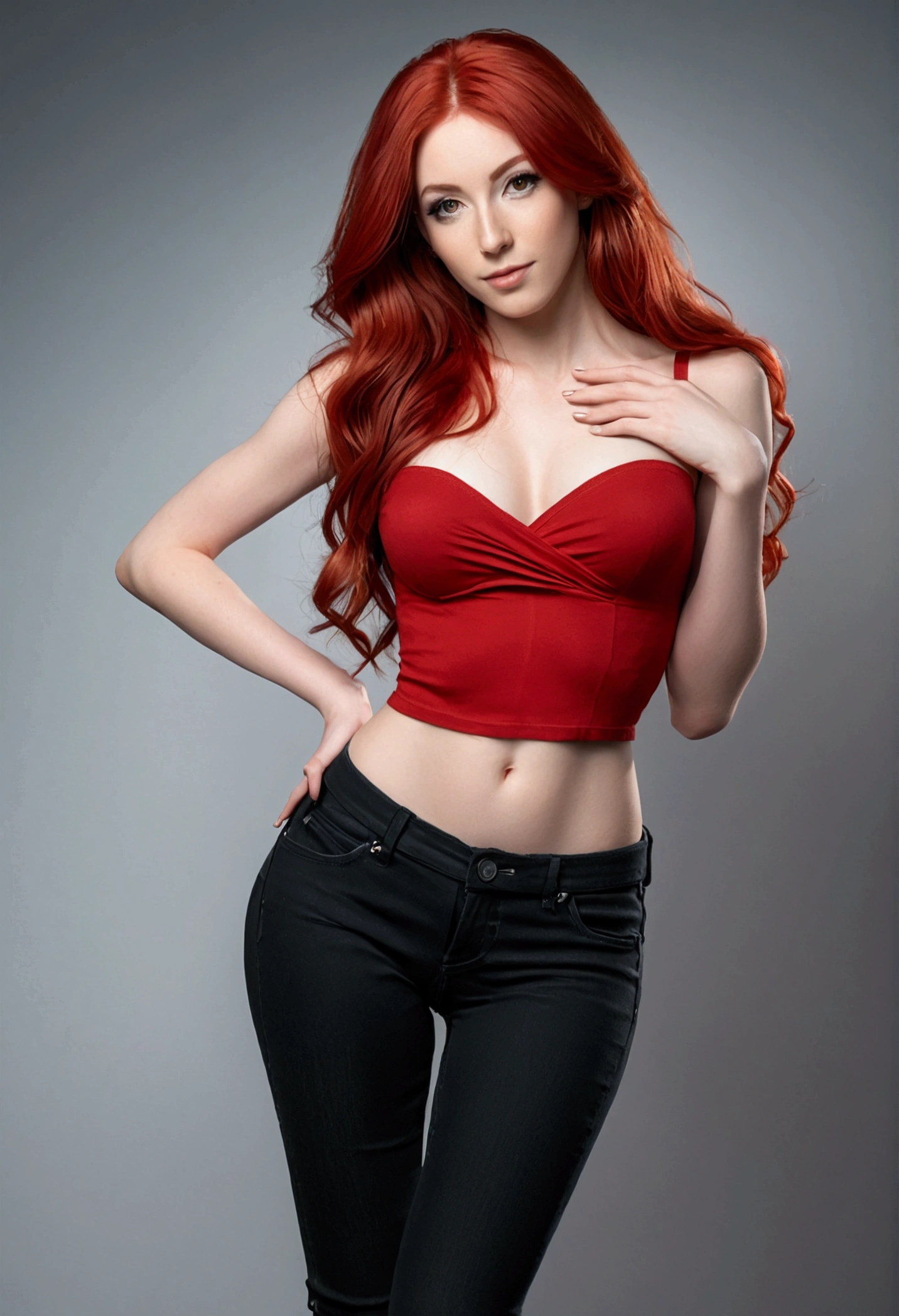 ultra realistic, photography, long red hair, girl, 24 years old, hourglass figure, perfect body, long legs, Flirty look, extremely detailed artgerm, in the style artgerm, small natural breasts, facing the camera, Nikon z fx, lens 35 mm, blur background, wearing a red top, wearing black skinny jeans