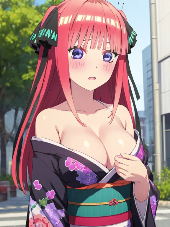best quality, insanely detailed, nino nakano, kimono, breasts, blush, outdoor background, bare-shoulder garment
