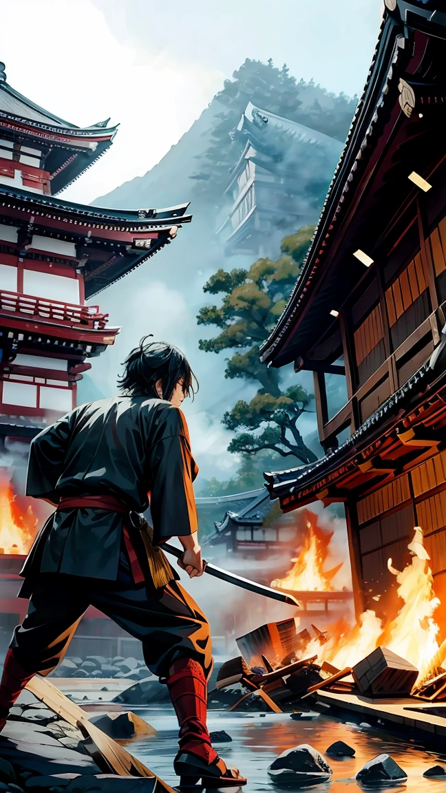 Battle scene from the Honnoji Incident。Honnoji Temple Burns、Samurai standing in the middle of a battle。Ranmaru fighting bravely in the foreground。