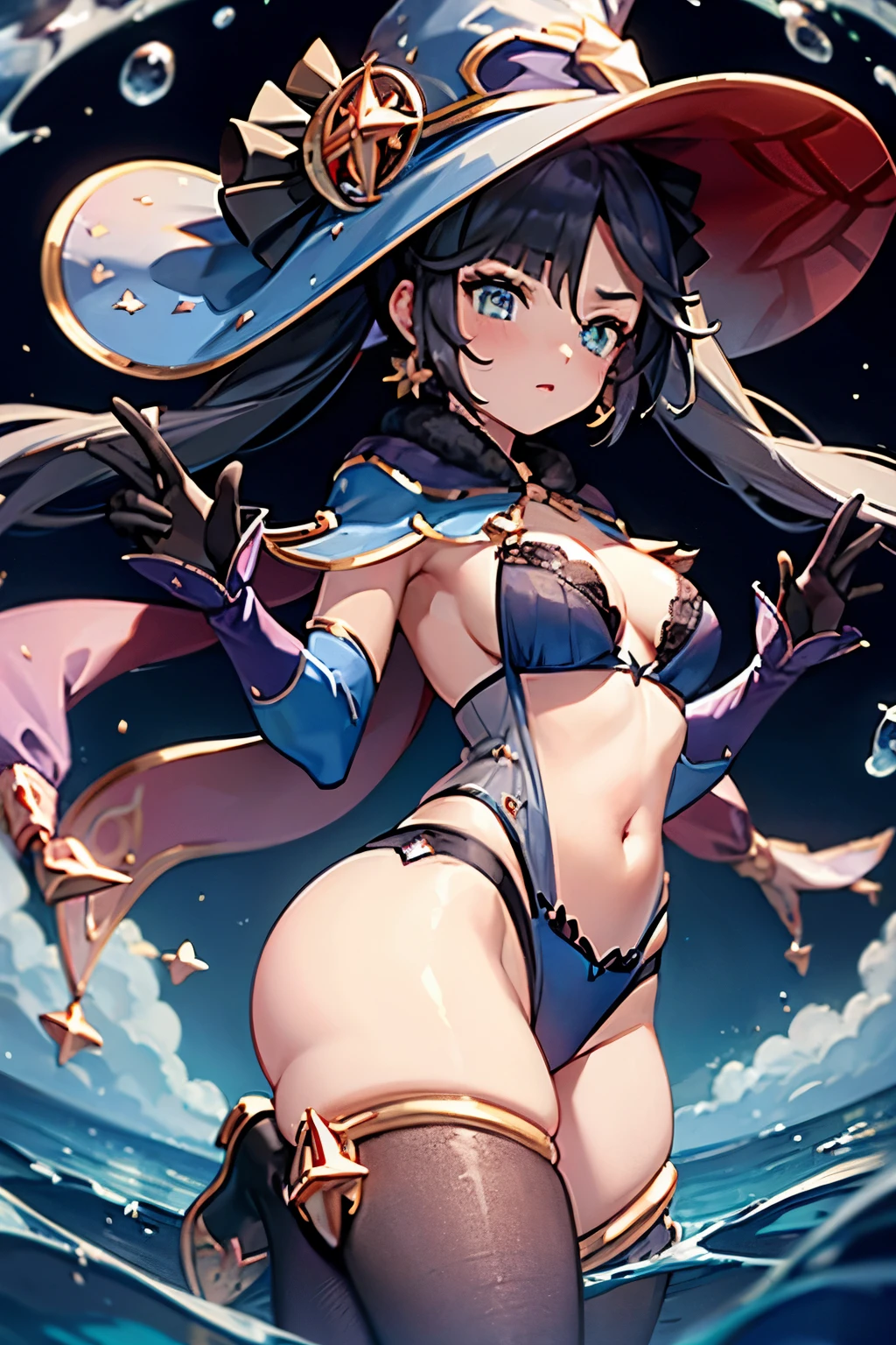 magic, hat, fantasy, casting a spell, from below, lingerie, blue magic circles, see-through lace bra and panties, floating water balls, butt