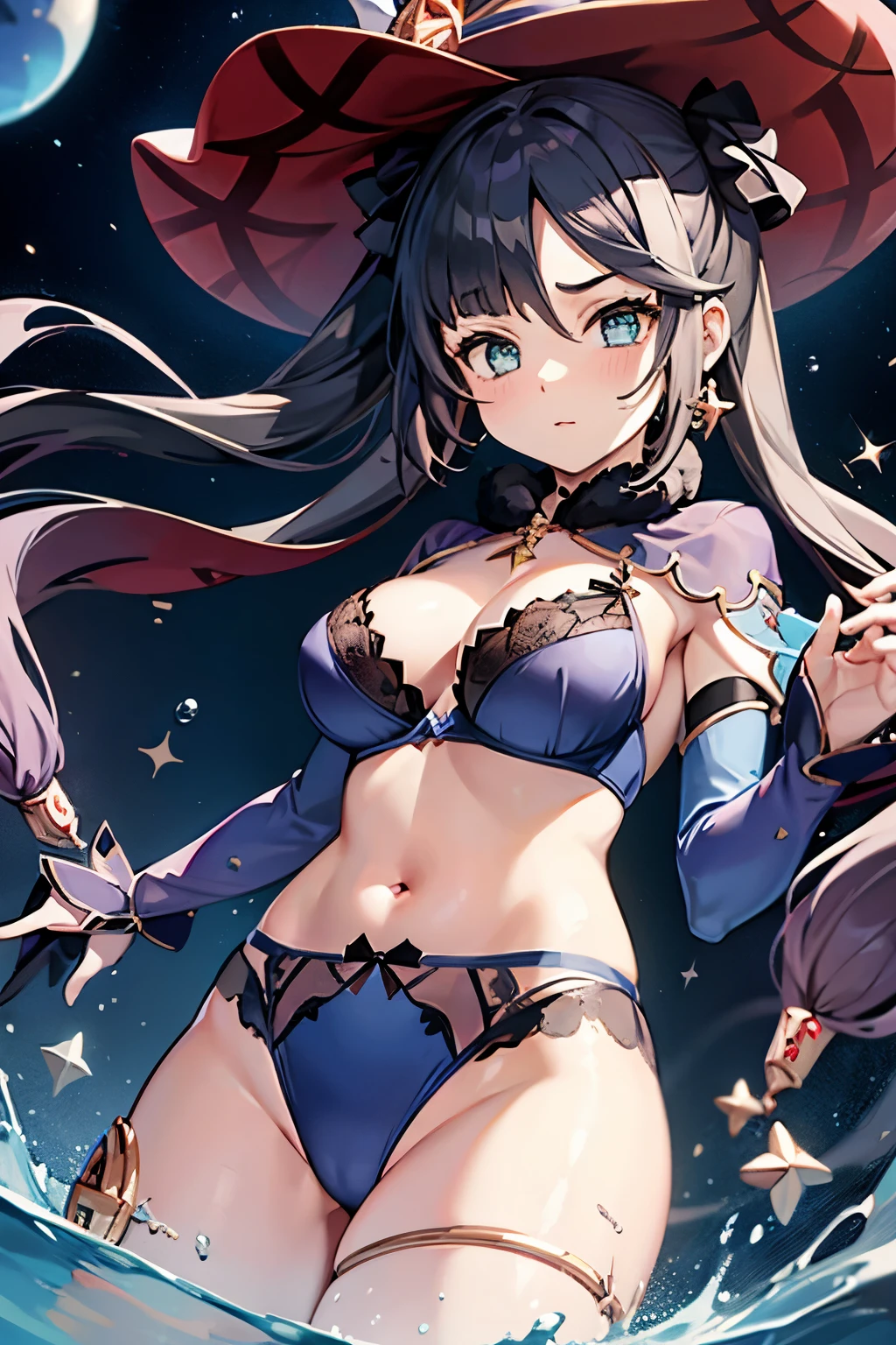 magic, hat, fantasy, casting a spell, from below, lingerie, blue magic circles, see-through lace bra and panties, floating water balls, butt