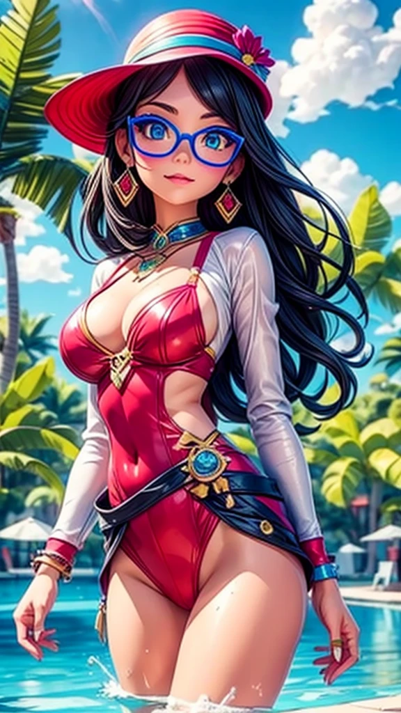 Beautiful girl fashion model、Two people、Running down the runway、Wacky swimsuits、Wacky hat、Unusual glasses、audience