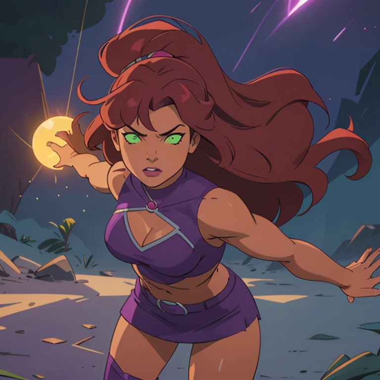 Photorealistic, Ultra realistic, 16k, high quality, cinematic lights, dream atmosphere, dream aesthetic, 1girl, red-scarlet hair, (realistic silky hair), StarfireDC, glowing green eyes (shining), long flowing hair(red), tanned skin illuminated, realistic textured skin, realistic shading, glowing eyes tan skin, cleavage, large natural breasts, (purple crop top:1.2), bare shoulders, midriff, purple miniskirt, purple thighhighs, realistic textures, belt, 16k resolution, detailed face and eyes, muscular female body, strong arms, lean belly, strong hips, muscular thighs, thick legs, full body, realistic, flying through the air, glowing balls of energy in her hands, style-paintmagic, different positions at different types of angles. 