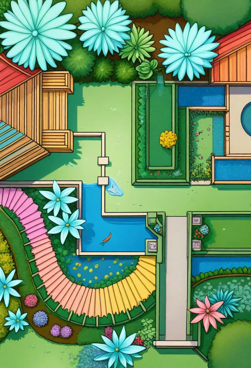 a drawing of a garden with a pond and a house, with a fishpond and courtyard, colorful architectural drawing, architectural illustration, complex and detailed, very detailed design, aerial illustration, detailed digital illustration, 2 d axonometric overhead view, high detail illustration, aerial perspective, residential design, really detailed, detailed design, impossibly detailed, insanly detailed