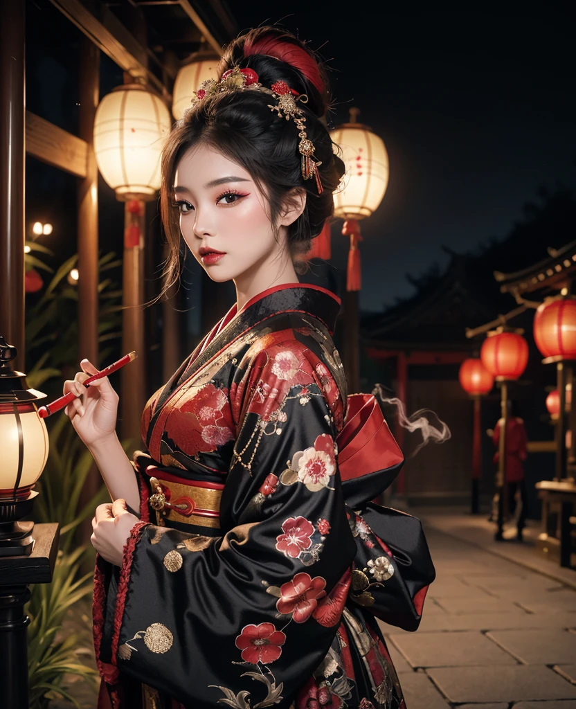 8k,close to viewerclose to viewer,god々A beautifully and gorgeously decorated courtesan,Black Japanese clothing,luxurious makeup,(Gorgeous black and red costume:1.2),(Oiran hair ornament,Big Barrel),(Smoke pipe),Osaka Castle seen in the distance,Courtesan Procession,Night scenery with lanterns lined up,