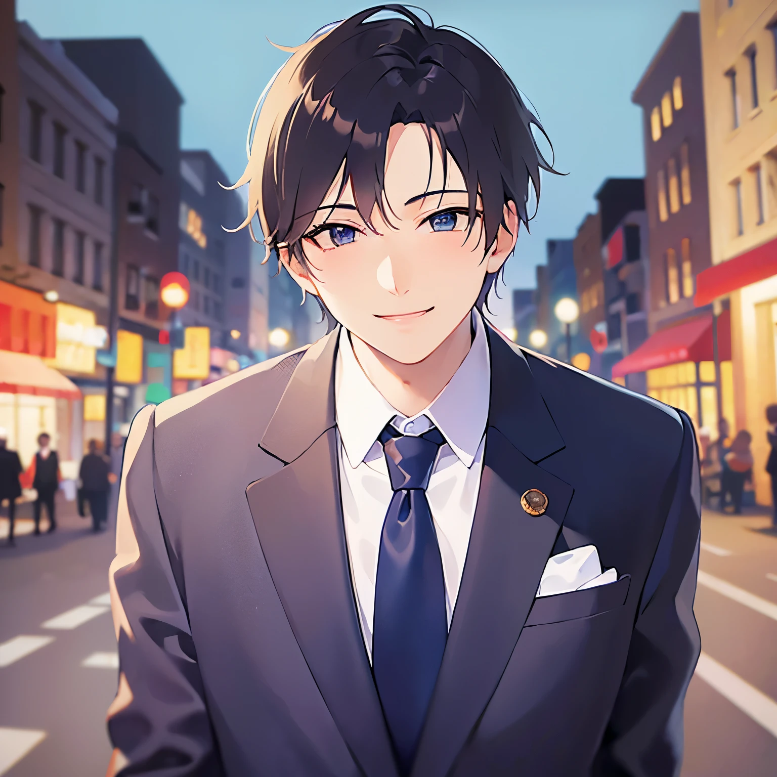 masterpiece、Highest quality、head tilt,
(25-year-old male:1.5) and(Black short hair) and (blue eyes),
(suit:1.5) and (Blue tie)(suit:1.5) and (Blue tie)、
blush,(smile:1.5),The background is the city at night