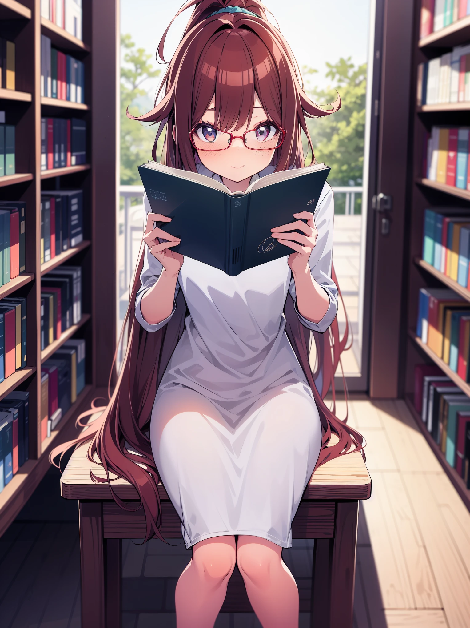 from above, colorful, (best quality, ultra-high resolution, depth of field:1.2), 1woman, long red hair, ponytail, hazel eyes, freckles, slender build, white dress, glasses, (library background), focused and serene, sitting, reading a book