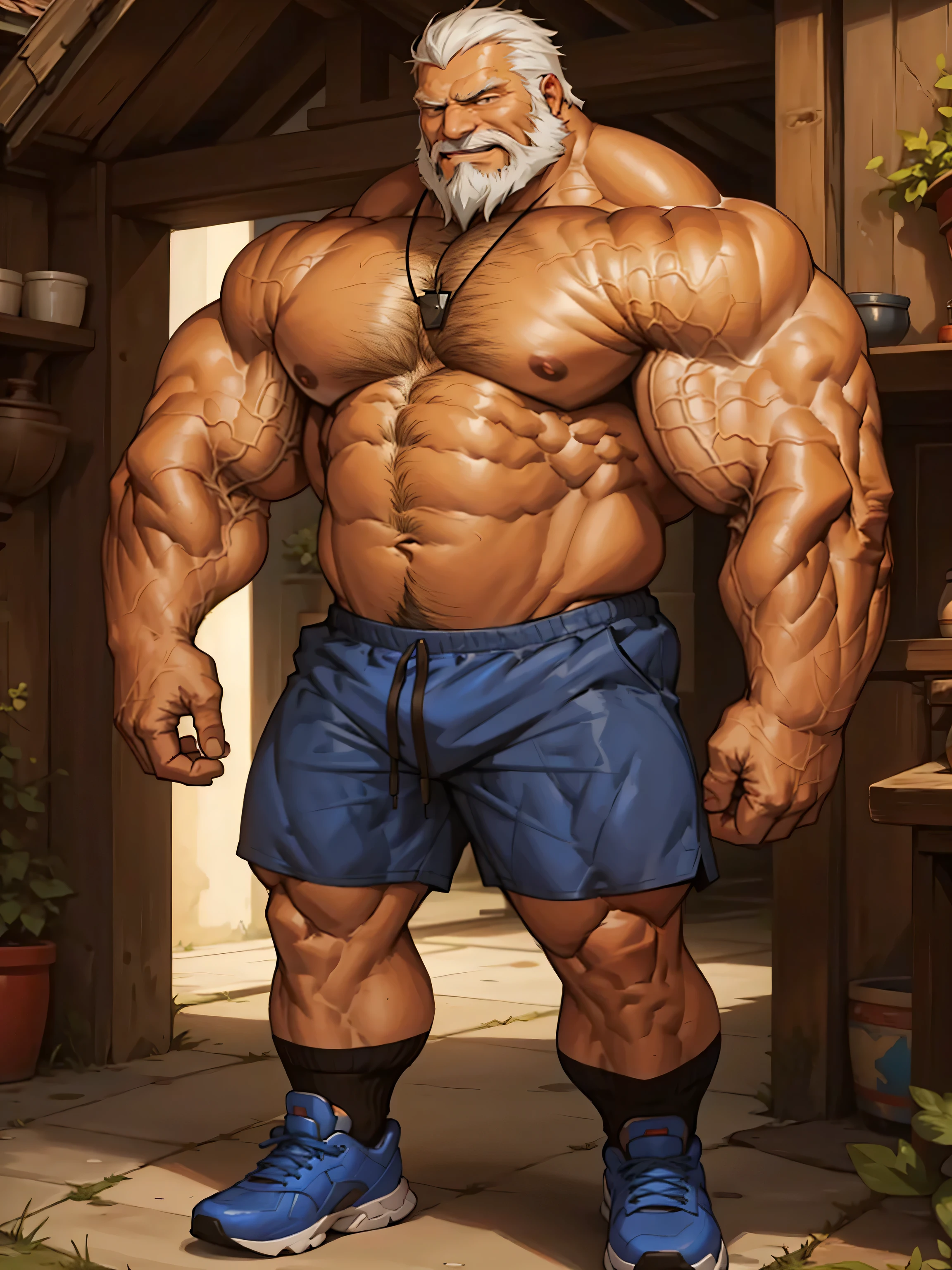 a potrait, half body, semirelistic:1.2, massive muscle, masterpiece, detailed face, muscular old man in front house, old man, bearded. white hair and beard, bearded, ((muscular, pectoral, wide pectoral, huge pectoral, thick arm, huge arm)), realistic, 8k, masterpiece, (wearing shorts and shirtless:1.3, topless, shoes), smile, brown bear
