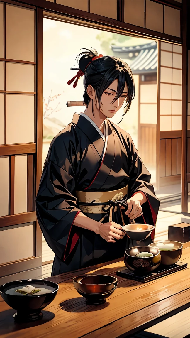 Illustration of a samurai performing tea ceremony。Mori Ranmaru preparing tea in front of the tea ceremony utensils。In the background of a traditional tea house、Quiet and calm atmosphere。