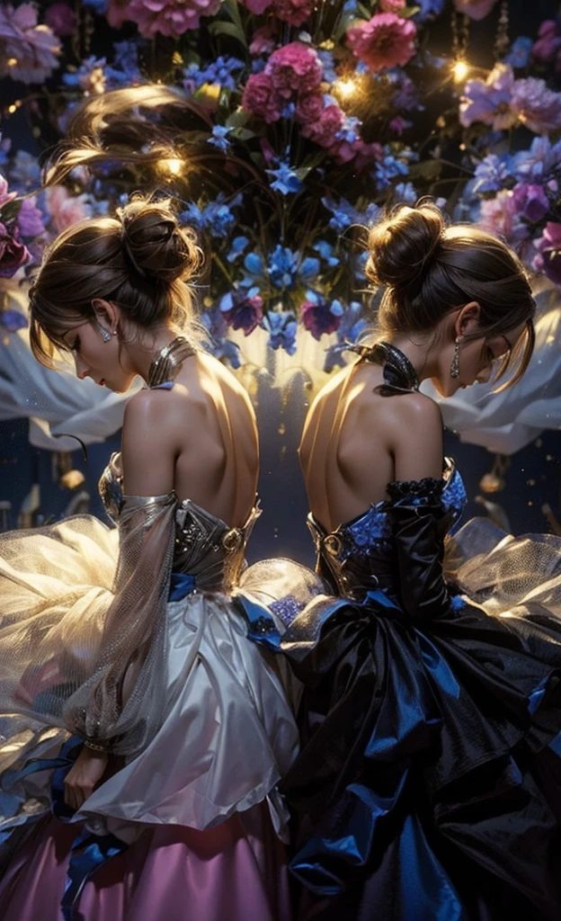 Two girls back to back, two girls in prom dresses, prom dresses of different colors, room full of flowers, colorful flower stove, two girls back to back facing you, two girls facing you with their backs to each other, girls in prom clothes, puffy dresses, Princess Dresses, dresses of different colors, ultra quality, ultra detail, Masterpiece artwork, best qualityer, ultra detailing