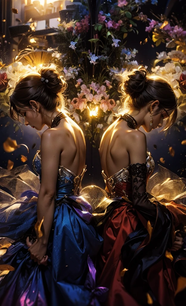 Two girls back to back, two girls in prom dresses, prom dresses of different colors, room full of flowers, colorful flower stove, two girls back to back facing you, two girls facing you with their backs to each other, girls in prom clothes, puffy dresses, Princess Dresses, dresses of different colors, ultra quality, ultra detail, Masterpiece artwork, best qualityer, ultra detailing