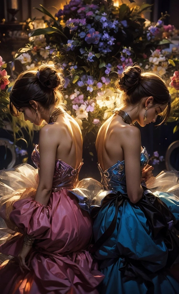 Two girls back to back, two girls in prom dresses, prom dresses of different colors, room full of flowers, colorful flower stove, two girls back to back facing you, two girls facing you with their backs to each other, girls in prom clothes, puffy dresses, Princess Dresses, dresses of different colors, ultra quality, ultra detail, Masterpiece artwork, best qualityer, ultra detailing