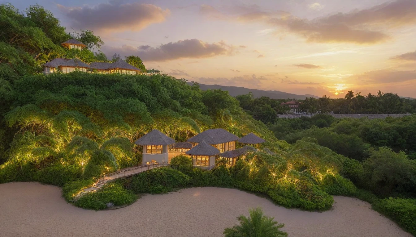 architecture, beach resort, vine, trees, cloud, sunset, vivid colours, sky, masterpiece,best quality,super detailed,realistic,photorealistic, 8k, sharp focus, a photo of a building day light, sun, cloud, RAW Photo, RAW texture, Super Realistic, 32K UHD, DSLR, soft lighting, high quality, film rating, Fujifilm XT3