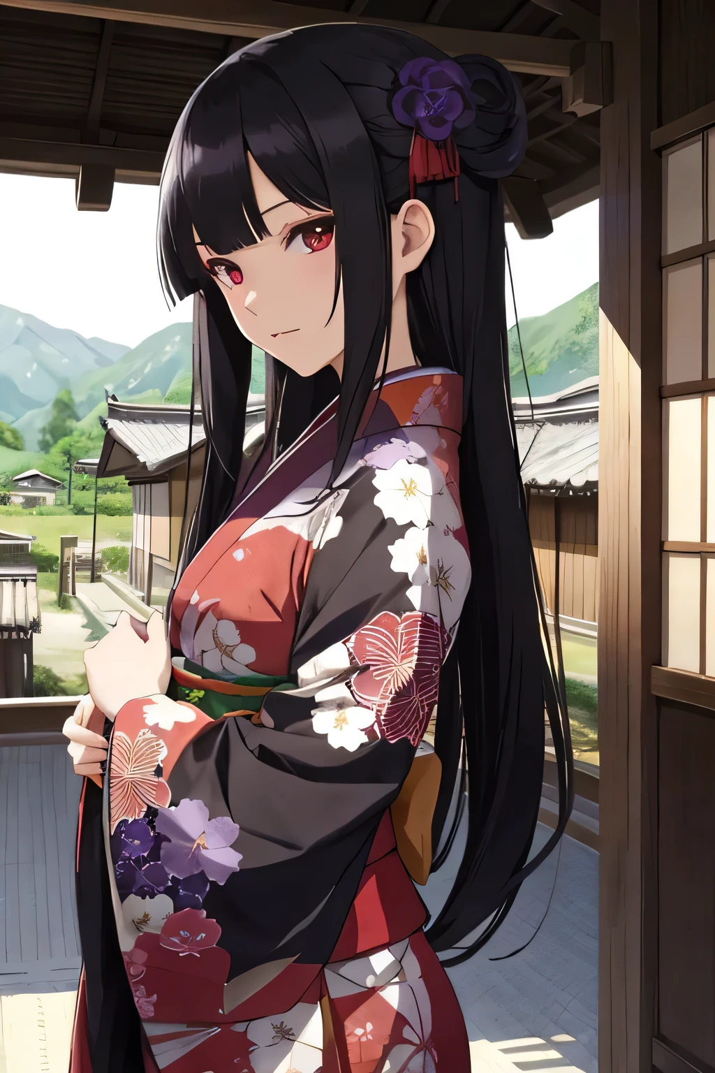 Kimono, Konoha Village, long black hair, purple-red eyes, cool, feminine.