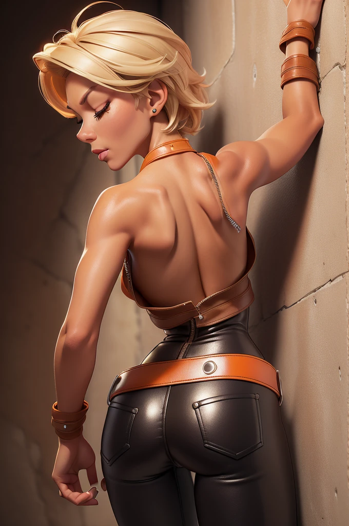 obra prima, melhor qualidade, ((one woman only,)) ((megyn kelly, glamor makeup, dark tan skin,)) bleach blonde bob hair, looking back over shoulder at me, (((eyes closed, mouth open big, face of ecstasy,))) wearing brown distressed leather biker jacket, ((jacket is unzipped, nip slip,)) jacket has padded puff shoulders, shiny leather gloves, ((shiny bright orange leather skinny pants,)) leather has studs and zippers and chains, body is slender, skinny shiny tight ass, ((facing wall, body pressed to wall, shoulders arched back, touching herself sexually,)) (camera view of whole body, back view of body,) shallow depth of field, highres, HD, 8k, anatomically correct