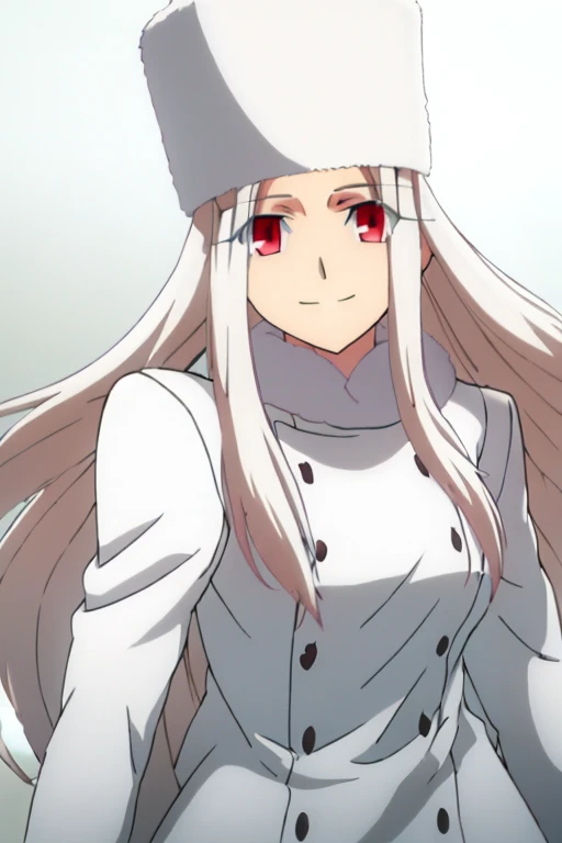 from below, Irisviel Von Einzbern, (large ), oversized , long hair, white hair, white fur coat, white fur hat, solo, facing the viewer, looking at the viewer, smile, closed mouth, outdoors, (blurry background), snow