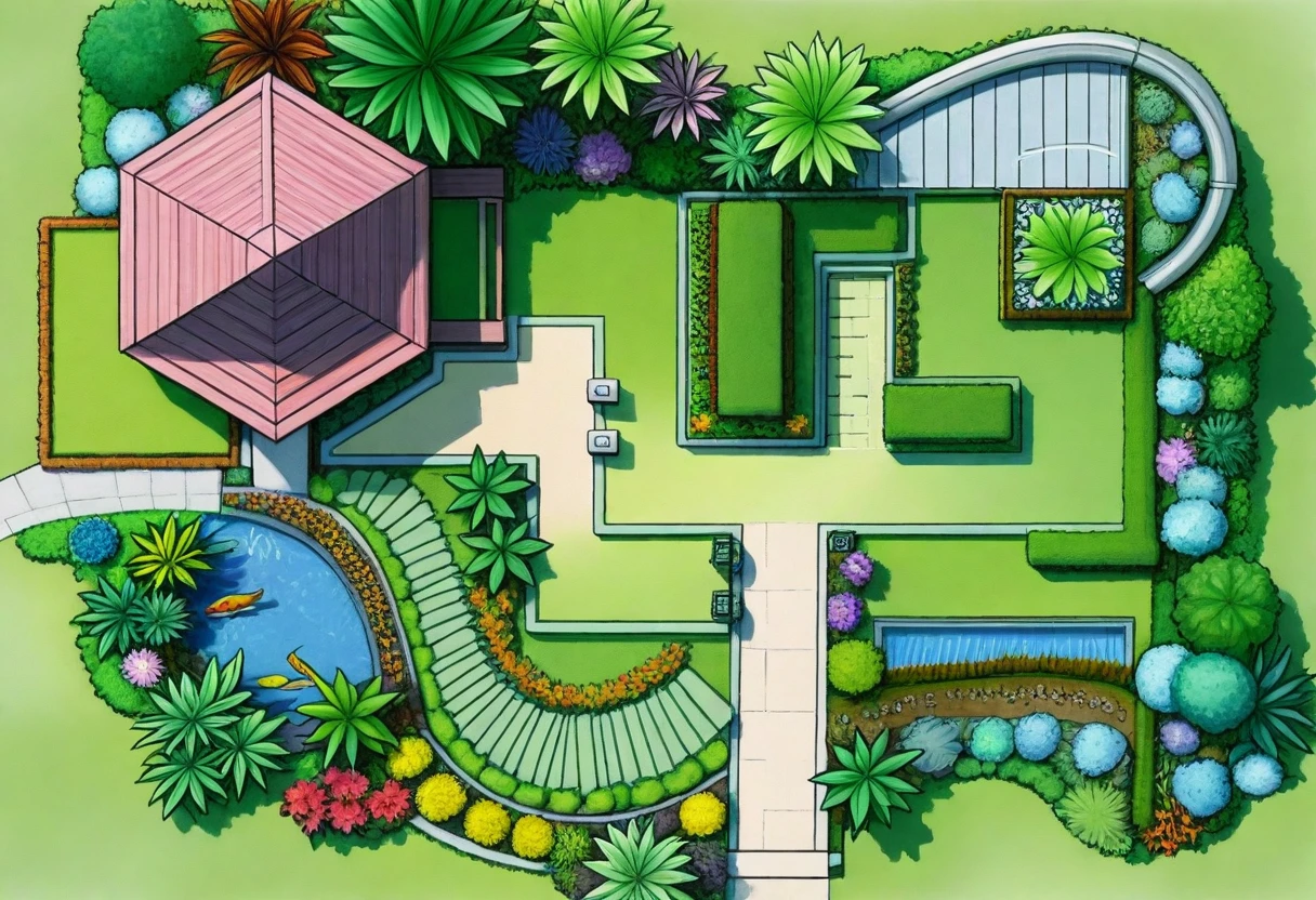 a drawing of a garden with a pond and a house, with a fishpond and courtyard, colorful architectural drawing, architectural illustration, complex and detailed, very detailed design, aerial illustration, detailed digital illustration, 2 d axonometric overhead view, high detail illustration, aerial perspective, residential design, really detailed, detailed design, impossibly detailed, insanly detailed