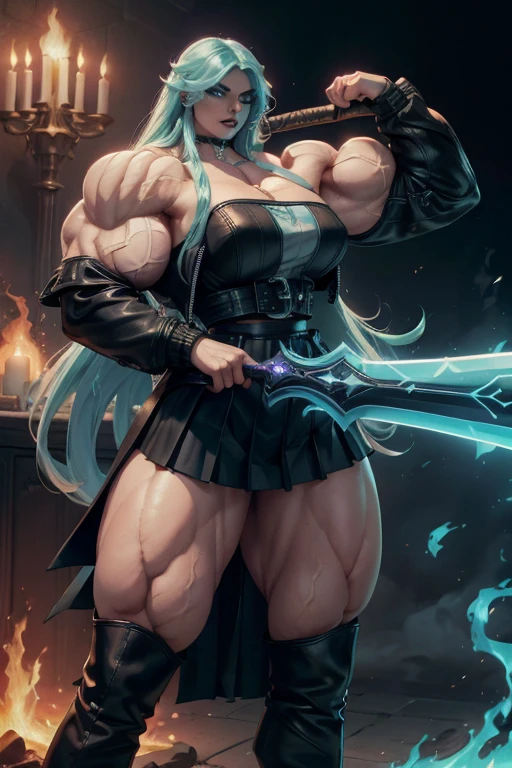 ((Close-up)), tall, (cyan hair) beautiful muscular woman, long beachy hair, pale white skinned, closed smile, (black lipstick), (massive muscles), (hyper muscle), (ginormous bulky muscles), glowing purple eyes, ((leather jacket and long pleated skirt)), (carrying a fire sword), choker, boots, night in a fire castle,