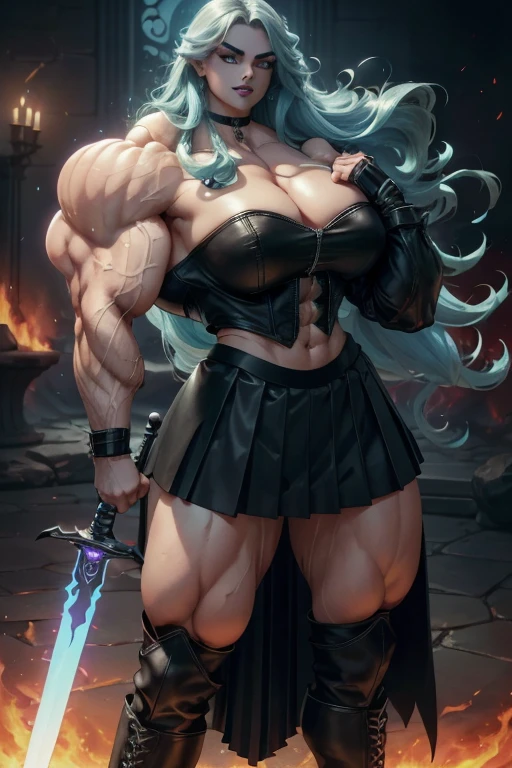 ((Close-up)), tall, (cyan hair) beautiful muscular woman, long beachy hair, pale white skinned, closed smile, (black lipstick), (massive muscles), (hyper muscle), (ginormous bulky muscles), glowing purple eyes, ((leather jacket and long pleated skirt)), (carrying a fire sword), choker, boots, night in a fire castle,