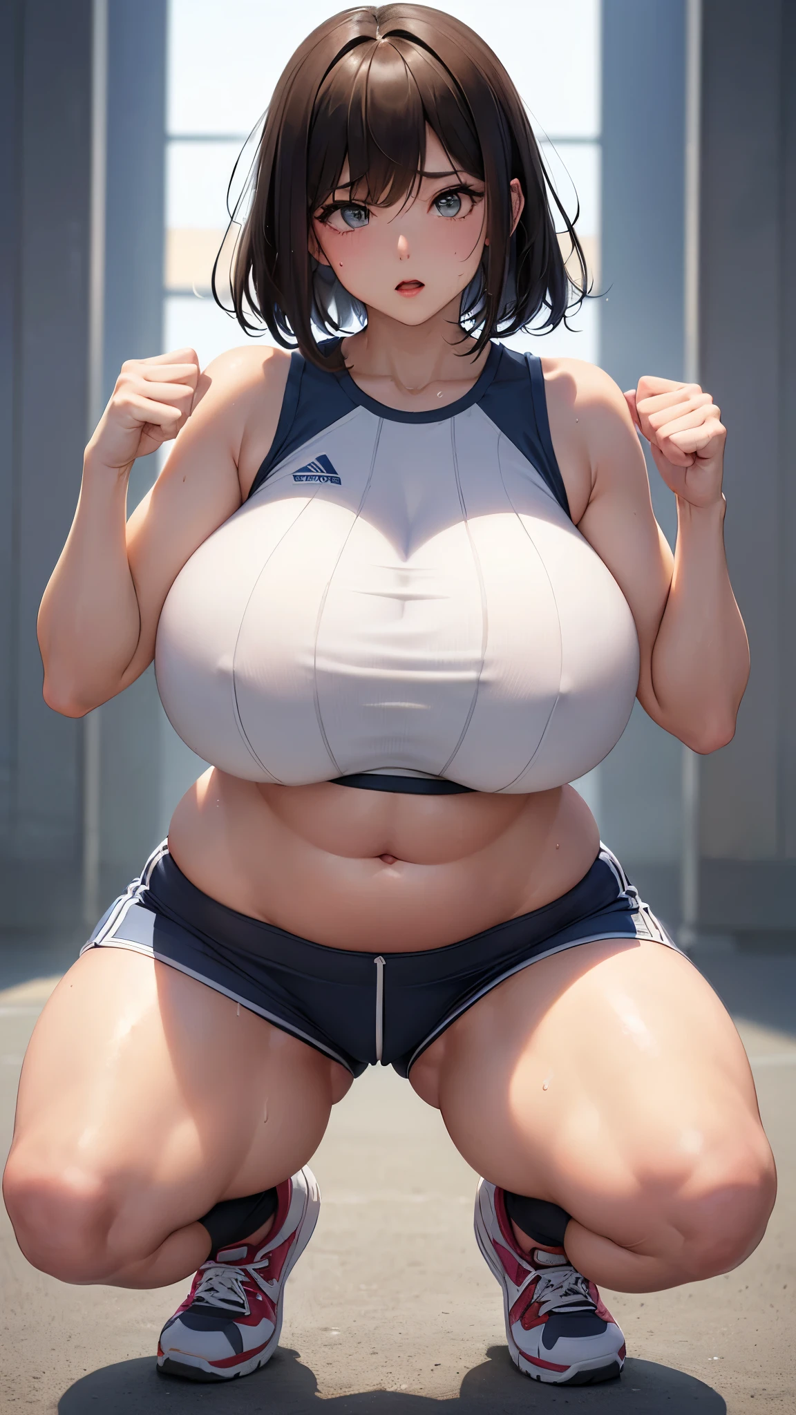 Highest quality、woman，Full Body Shot、(Huge breasts，超级Huge breasts，Thick thighs、Big Hips、Long legs:1.3)、Run、short hair，Iris，Sweaty、Sports shorts，Sports Bra，Protruding nipples、sports boots、Athletics Stadium