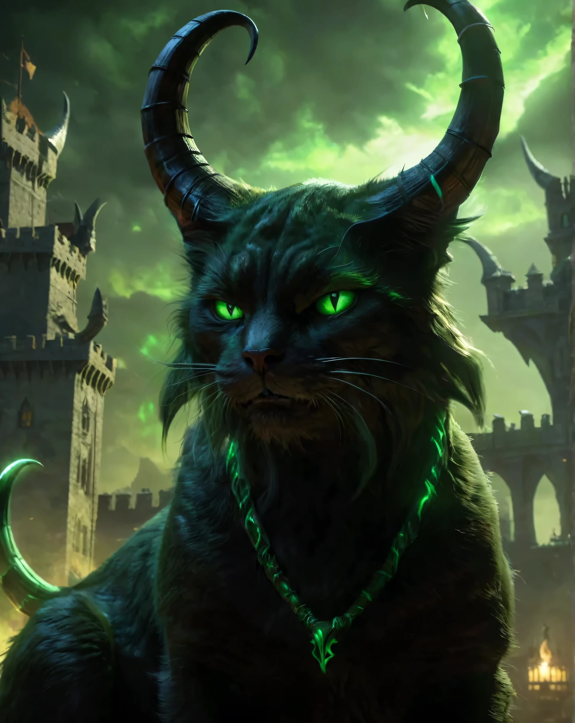 cinewow demon cat,((masterpiece)),(best quality),awardwinning,trending on artstation castle in the background,cinematic,green glowing effects,horns