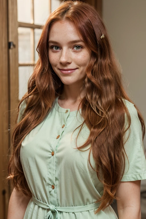 Woman 30 years old, Alone, Very Long Hair, wavy hair, light red hair, smile, Blushed, Light green eyes, 1m65 60kg, freckles