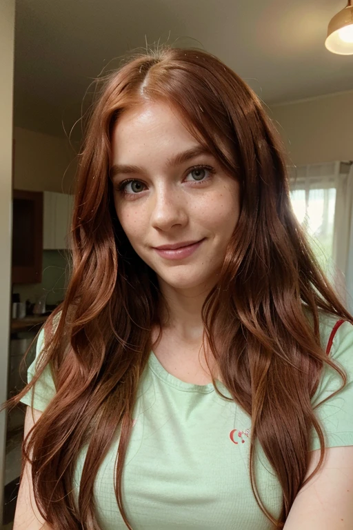 Woman 30 years old, Alone, Very Long Hair, wavy hair, light red hair, smile, Blushed, Light green eyes, 1m65 60kg, freckles