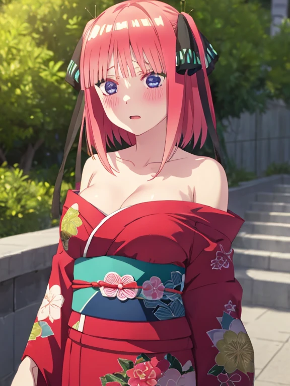 best quality, insanely detailed, nino nakano, kimono, breasts, blush, outdoor background, bare-shoulder