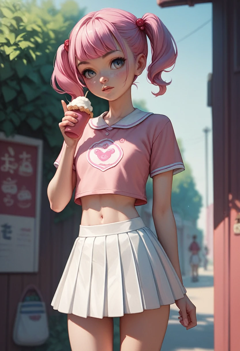 1 pretty woman, short pink hair with pigtails, small waist, skinny, small crop top, cotton skirt, young