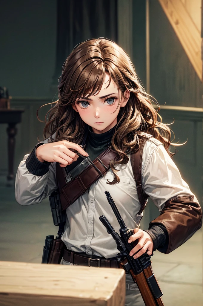 ((best qualityer)), ((work of art)), (detailded), young brown, Wavy hair, mercenary style, holding rifle, military pose, top quality picture, super realistico, 8 k quality, ultra realisitic