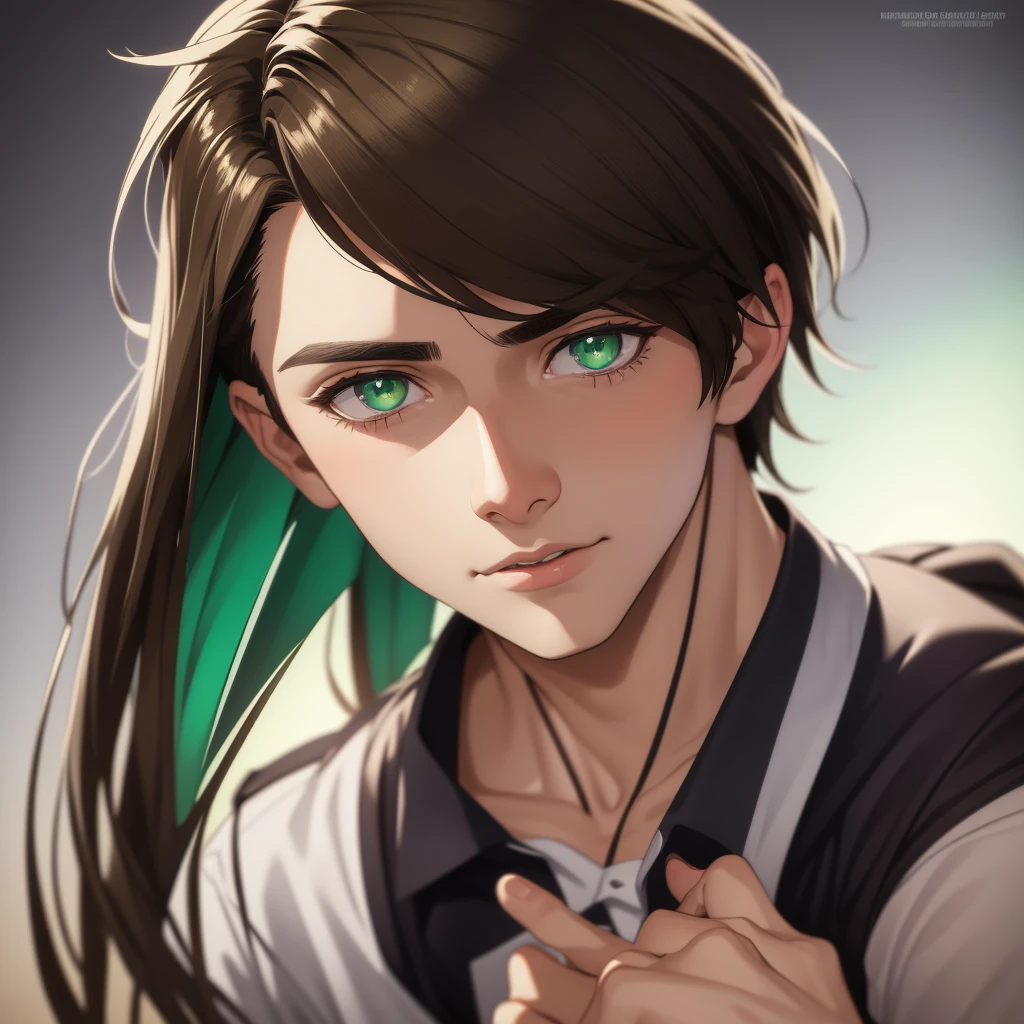 realistic portrait of a teenage boy with mesmerizing green eyes and shiny brown hair, detailed facial features, handsome expression, Danny Phantom character, high school student, cinematic lighting, dramatic bokeh, vibrant colors, hyperrealistic, 8k, award winning digital art