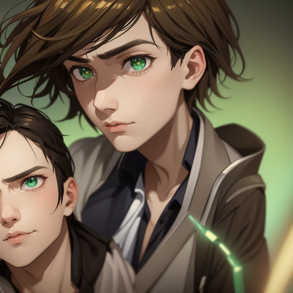 realistic portrait of a teenage boy with mesmerizing green eyes and shiny brown hair, detailed facial features, handsome expression, Danny Phantom character, high school student, cinematic lighting, dramatic bokeh, vibrant colors, hyperrealistic, 8k, award winning digital art