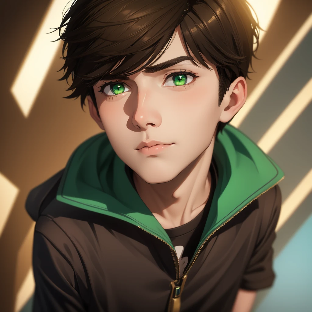 realistic portrait of a teenage boy with mesmerizing green eyes and shiny brown hair, detailed facial features, handsome expression, Danny Phantom character, high school student, cinematic lighting, dramatic bokeh, vibrant colors, hyperrealistic, 8k, award winning digital art