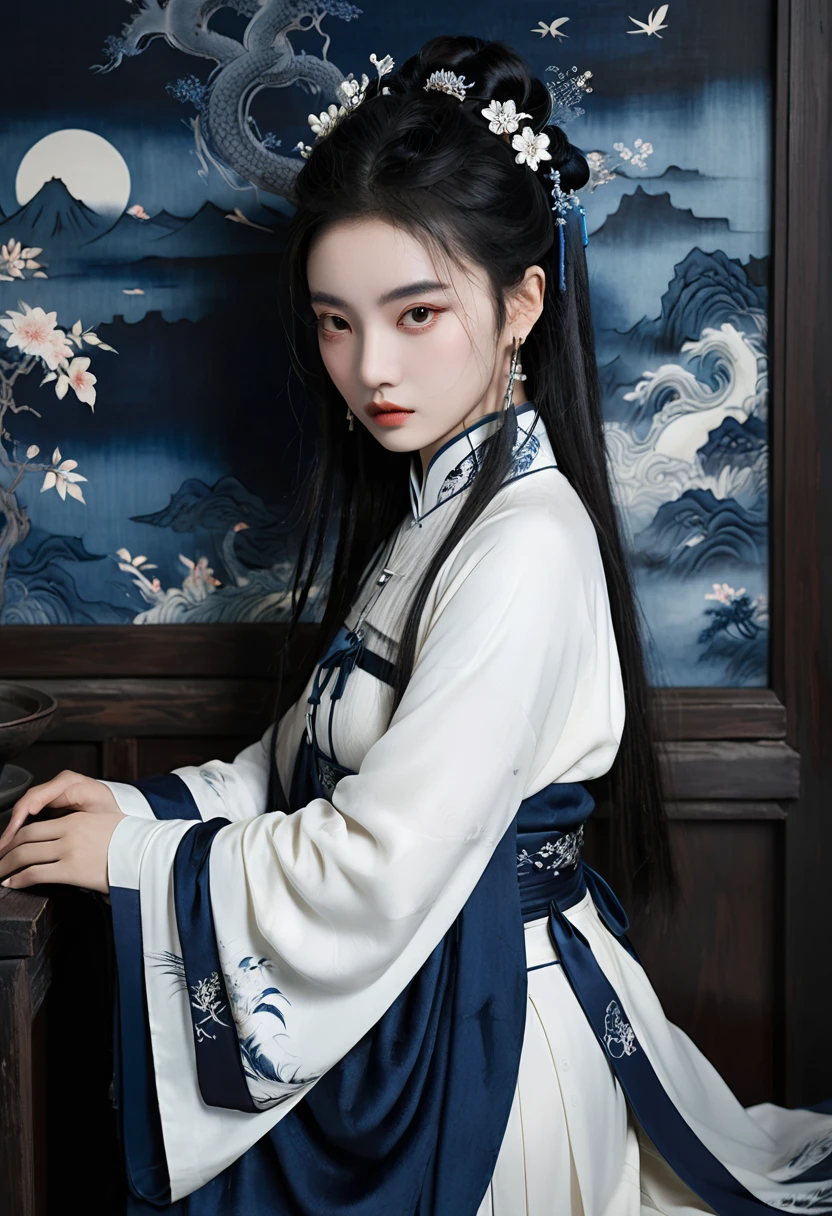Light white and dark indigo, A mysterious girl from ancient China with hanfu, with a dark aesthetic that is poignant, eerie, and bizarre, in the style of dark surrealist imagery, Conceptual scene, Chinese interior scene, ethereal fantasy, otherworldly atmosphere, Walter Crane
